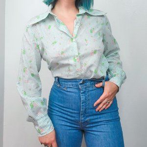 Vintage 70s Jack Winter Baby Blue Gingham Novelty Print Blouse